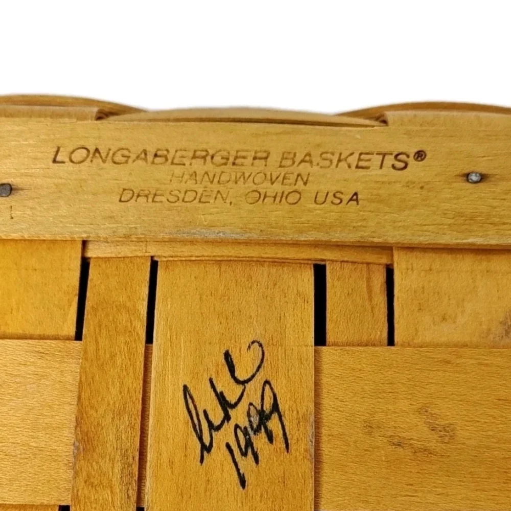 Vtg 90s Longaberger Med Gathering Basket Double Handle Nautical Striped Liner